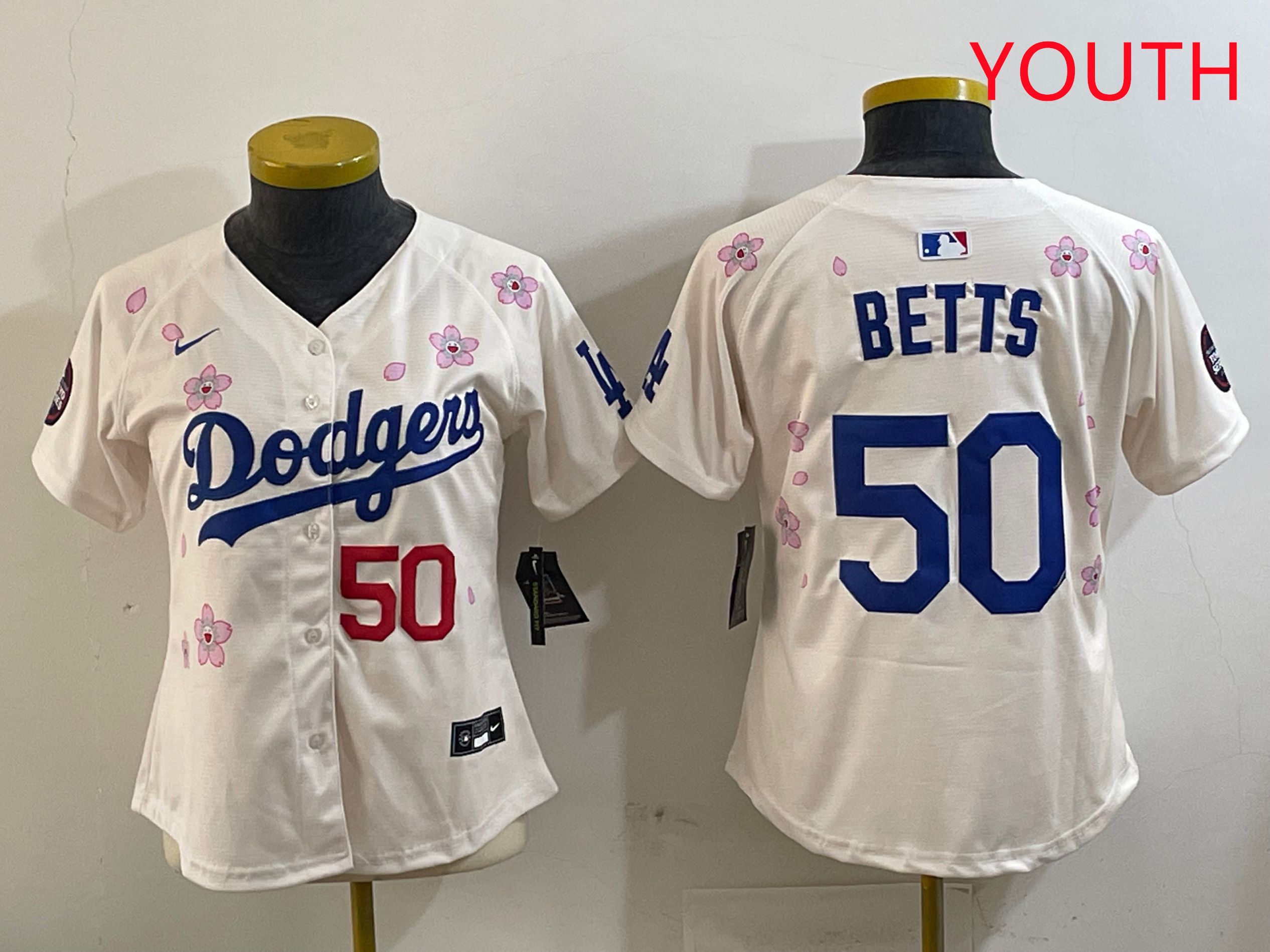 Youth Los Angeles Dodgers #50 Betts Cream Sakura Edition 2025 Nike MLB Jersey style 7->youth mlb jersey->Youth Jersey